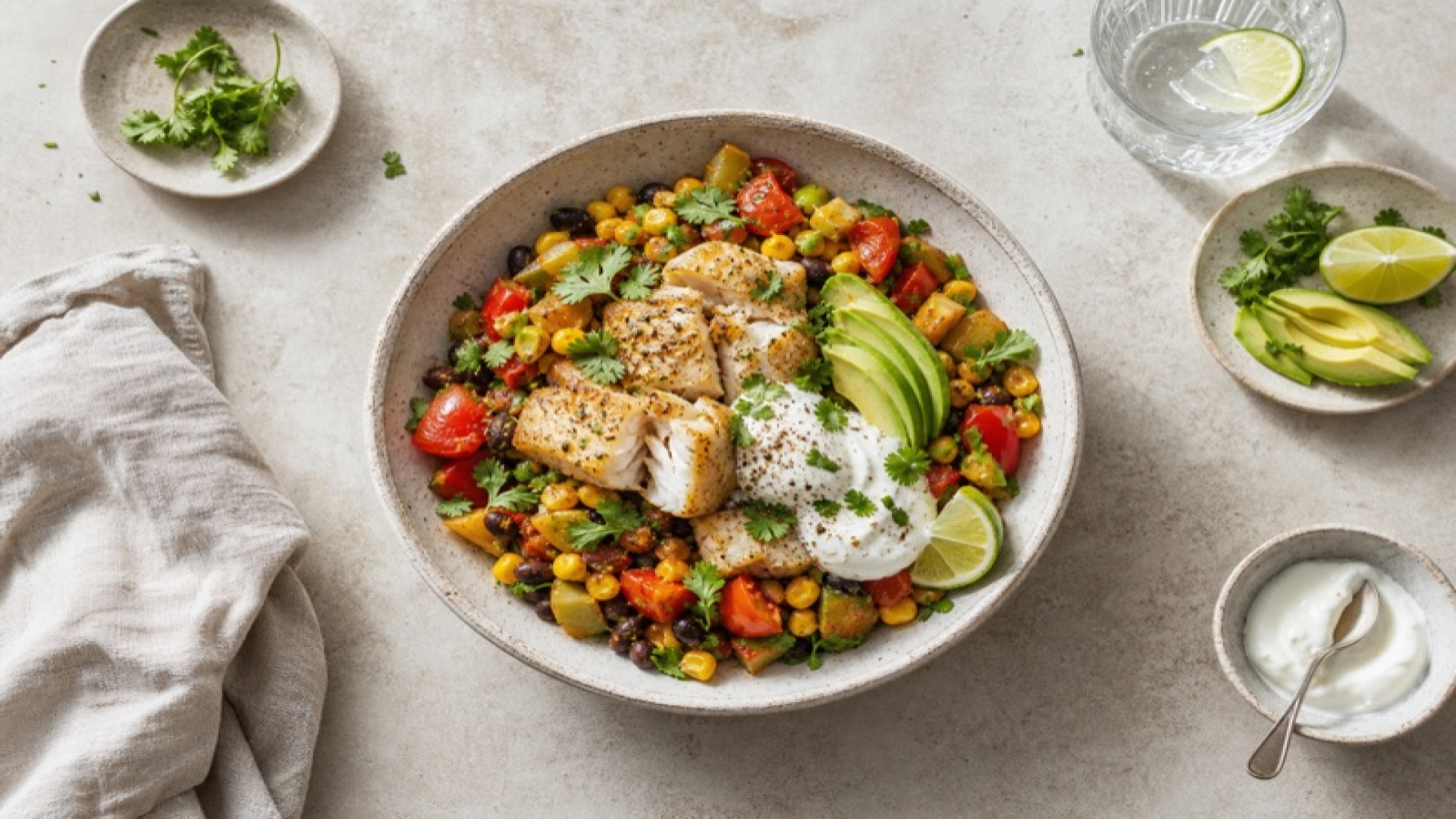 Alaska-Seelachs-Bowl mit mexikanischem Gemüse und Joghurt