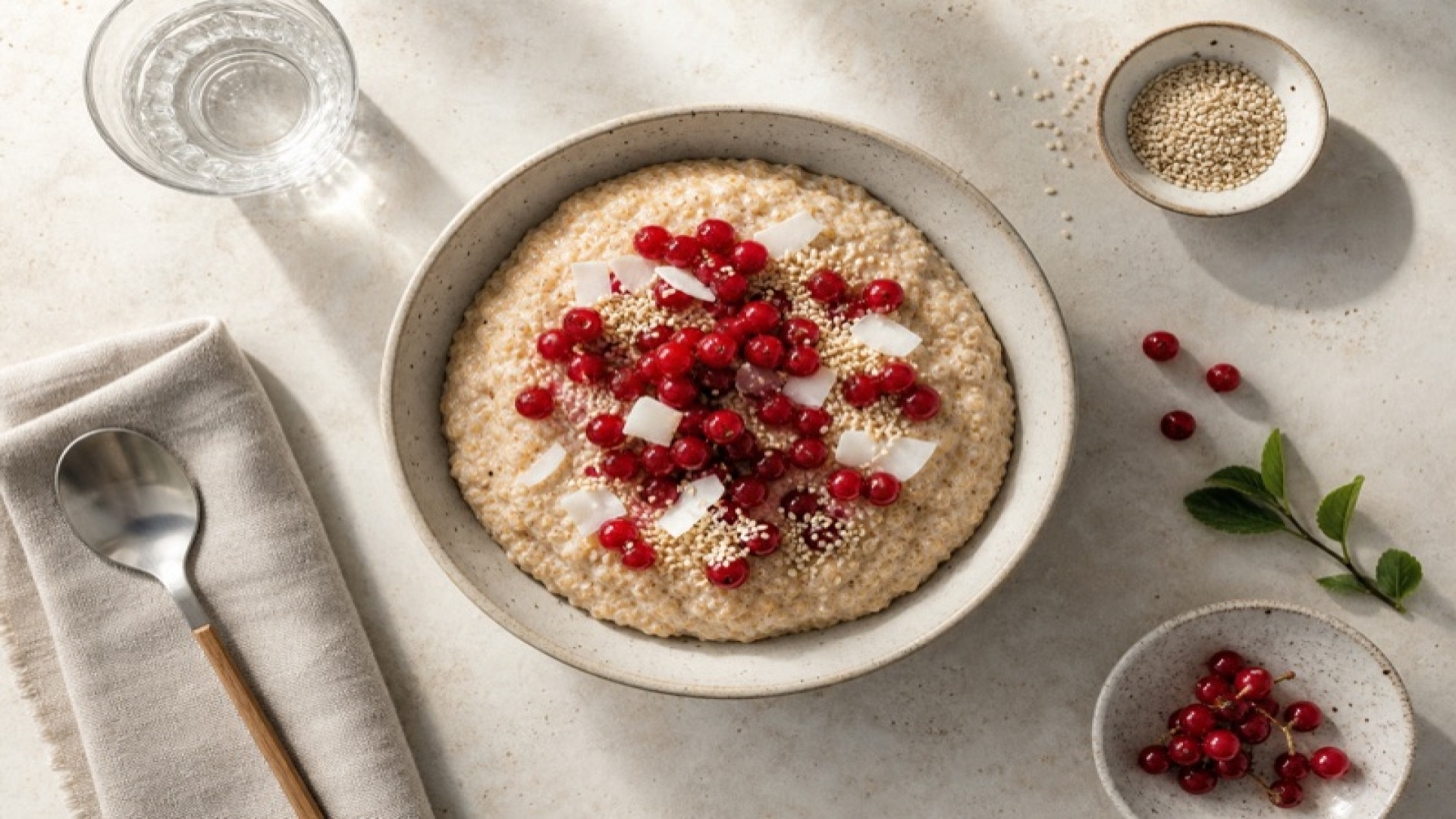 Amaranth-Porridge mit Roten Johannisbeeren und Sesam