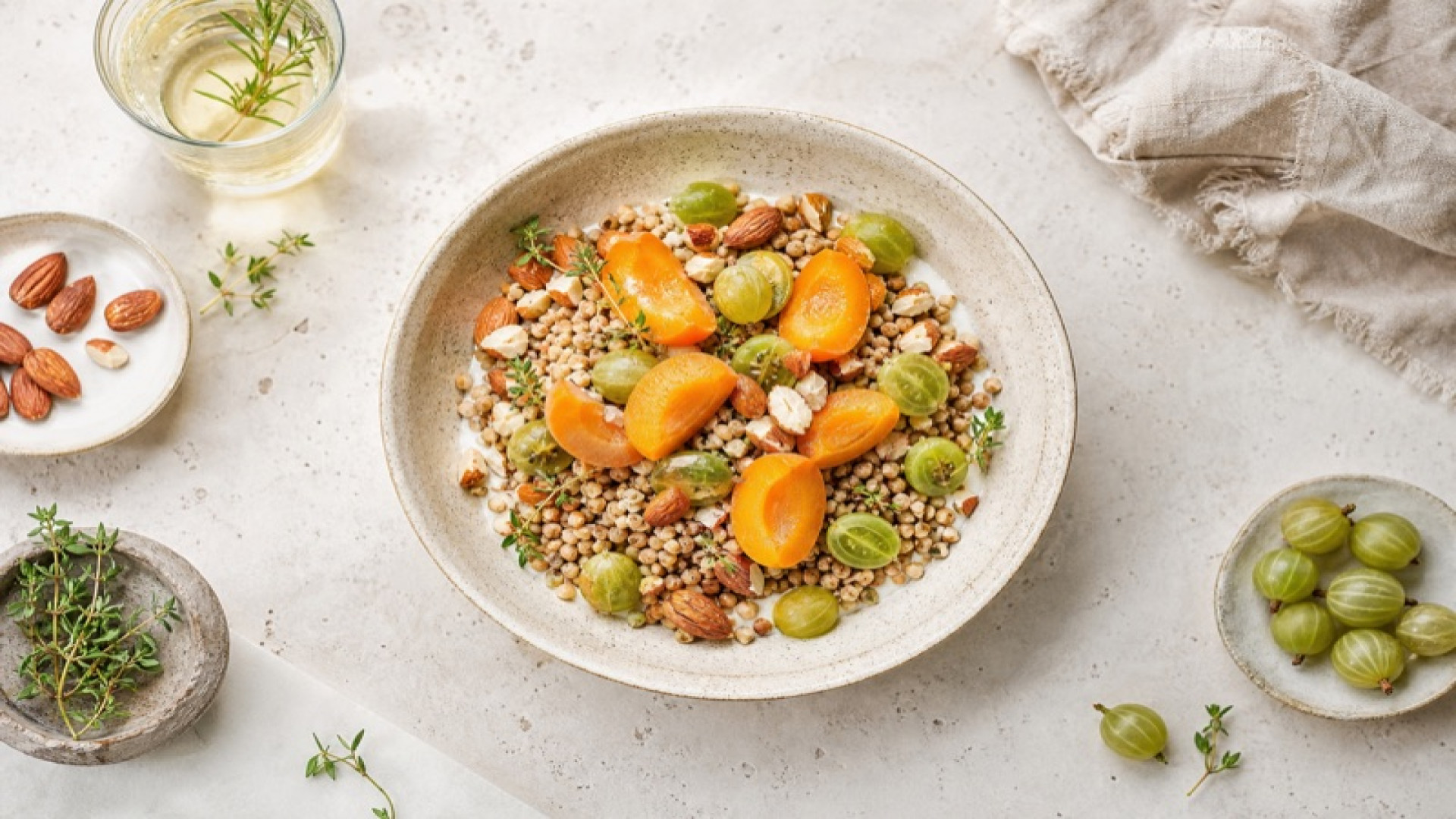 Aprikosen-Buchweizen-Bowl mit Mandeln und Stachelbeeren
