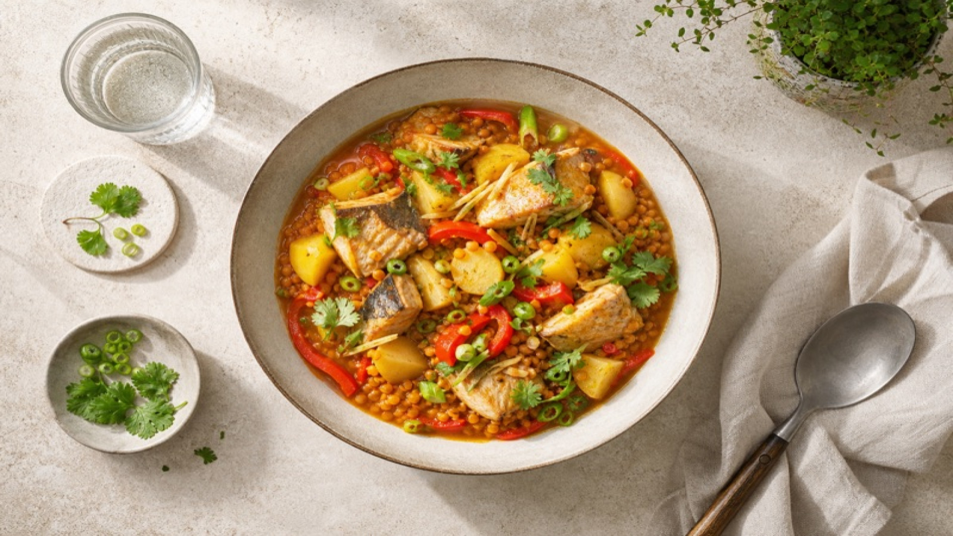Asiatischer Kartoffel-Paprika-Topf mit Karpfen und roten Linsen