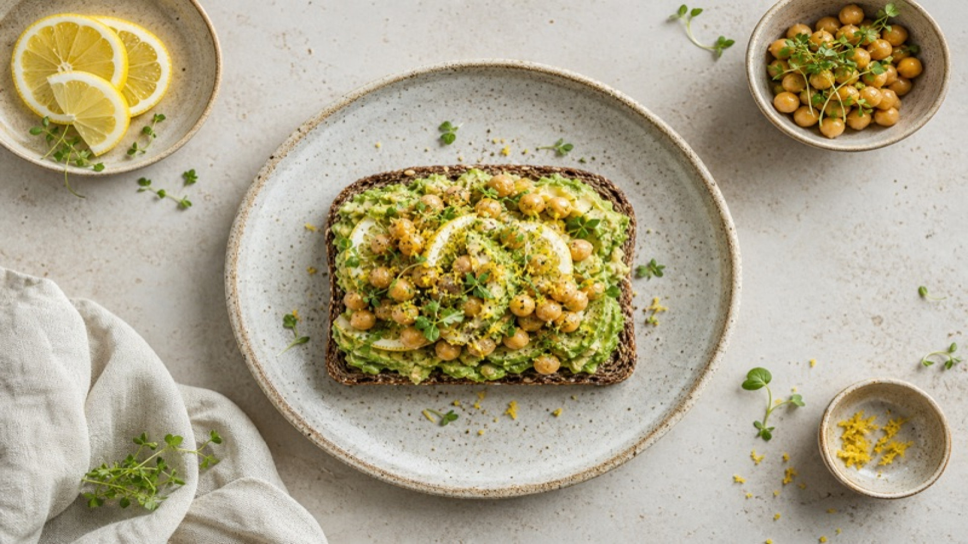 Avocado-Pumpernickel mit Kichererbsen und Zitrone