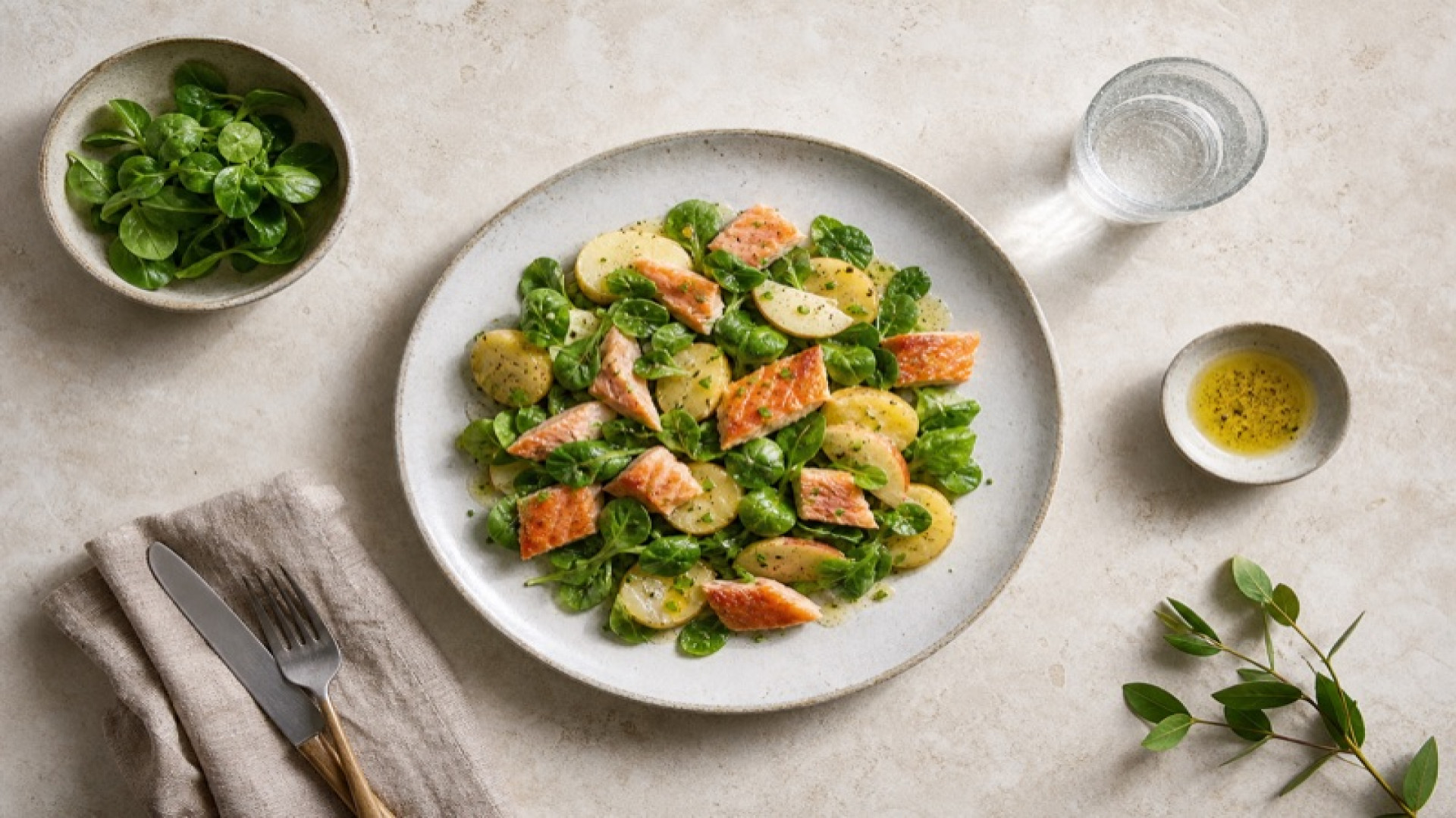 Bachsaibling-Kartoffelsalat mit Feldsalat und Apfelessig-Dressing