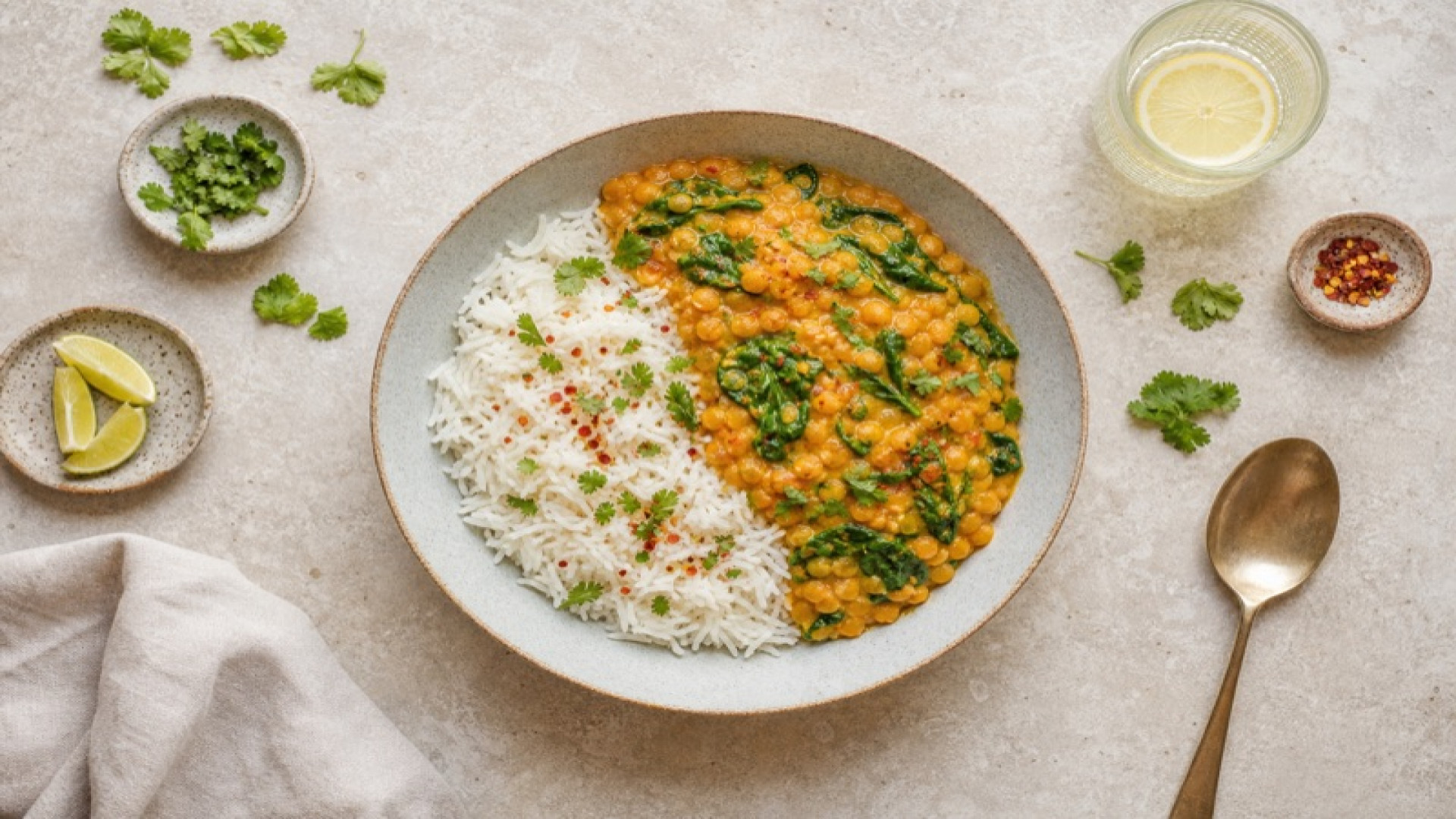 Basmati-Kokos-Curry mit Spinat und roten Linsen