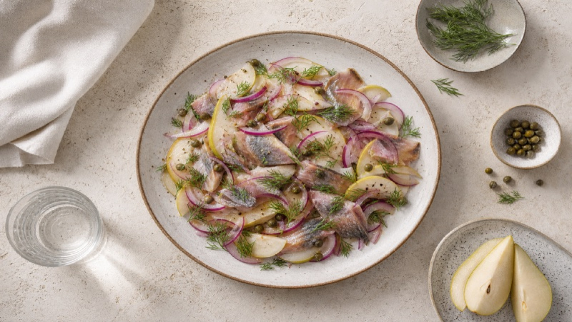 Bückling-Salat mit Birne und roten Zwiebeln