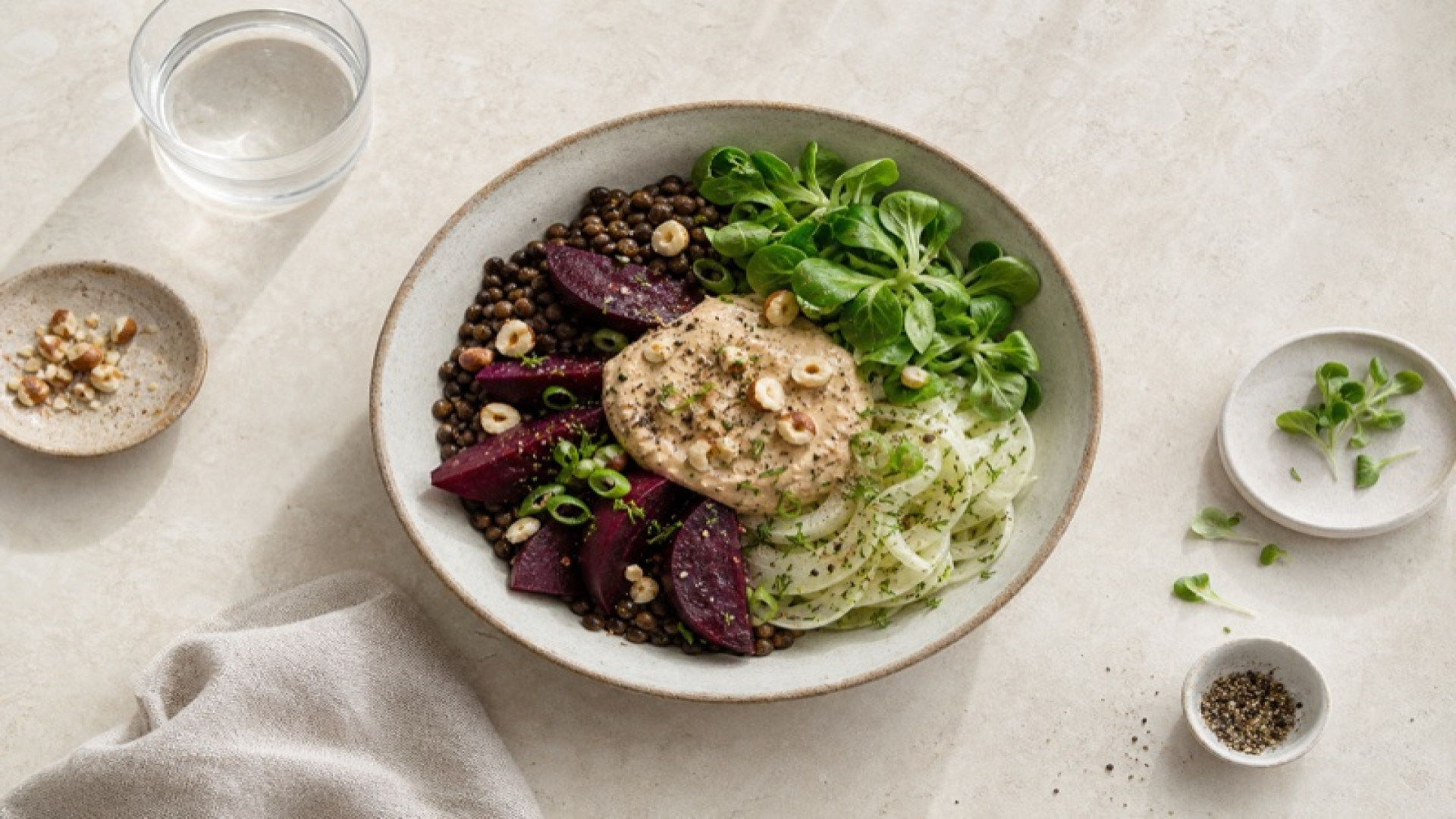 Beluga-Linsen-Bowl mit Roten Rüben und Haselnussmus