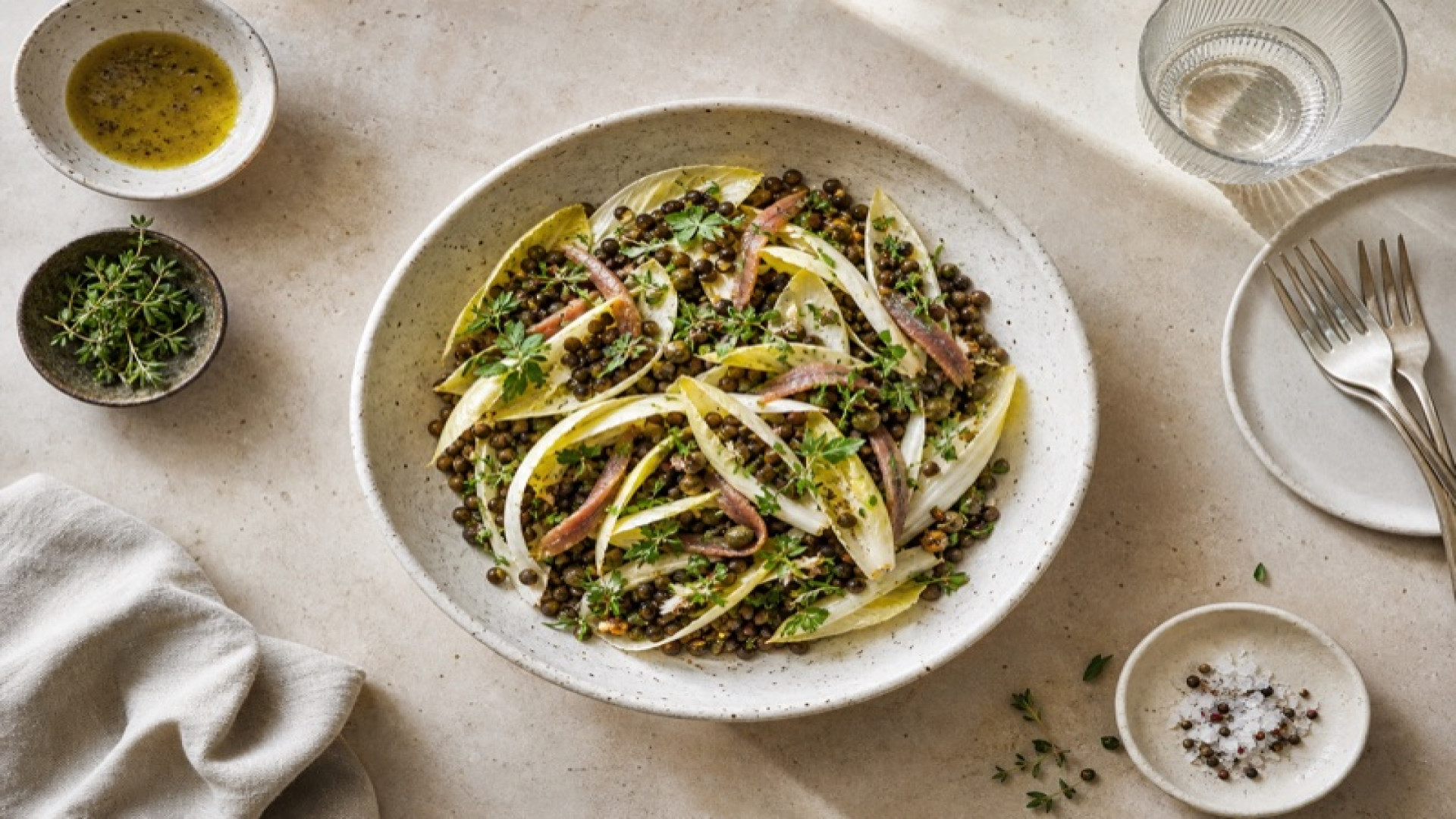 Beluga-Linsen-Salat mit Chicorée und Sardellen