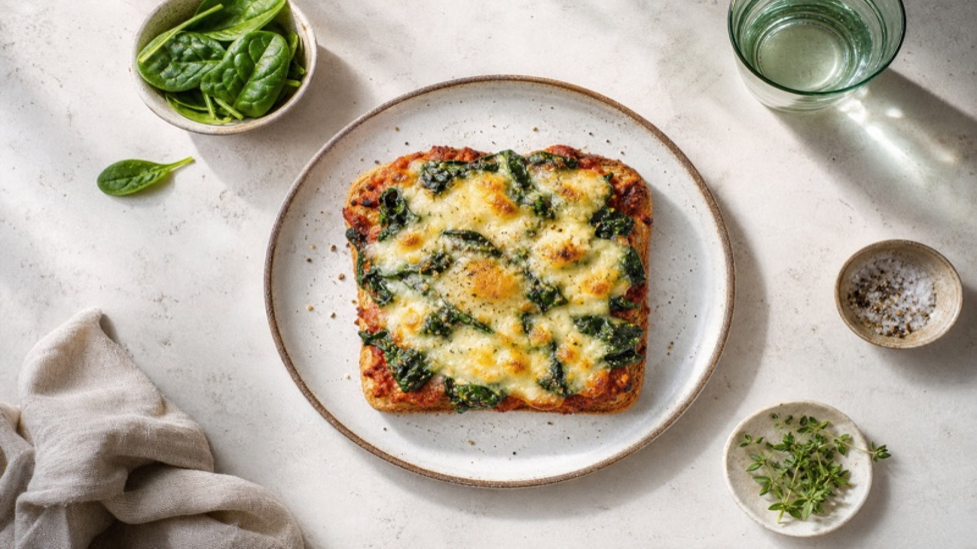 Überbackenes Hartkäse-Toast mit Tomatenmark und Spinat