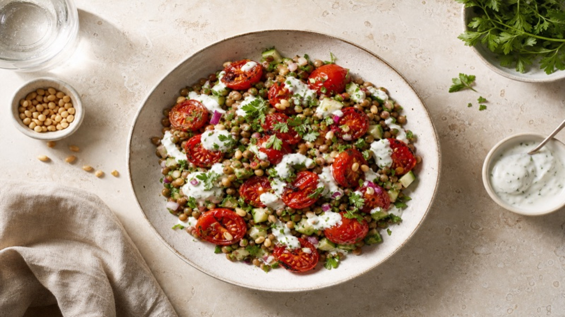 Berglinsen-Salat mit gebratenen Tomaten und Skyr-Dressing