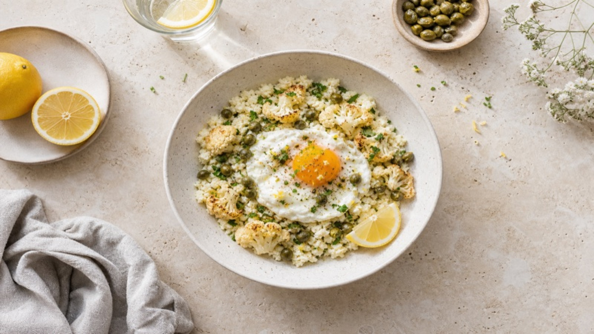 Blumenkohl-Frühstücksbowl mit Kapern und Zitrone