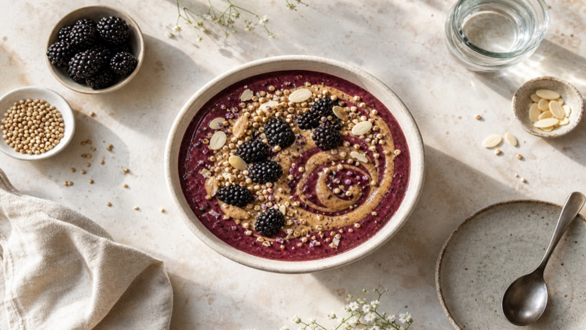 Brombeeren-Bowl mit Mandelbutter-Swirl und Buchweizen