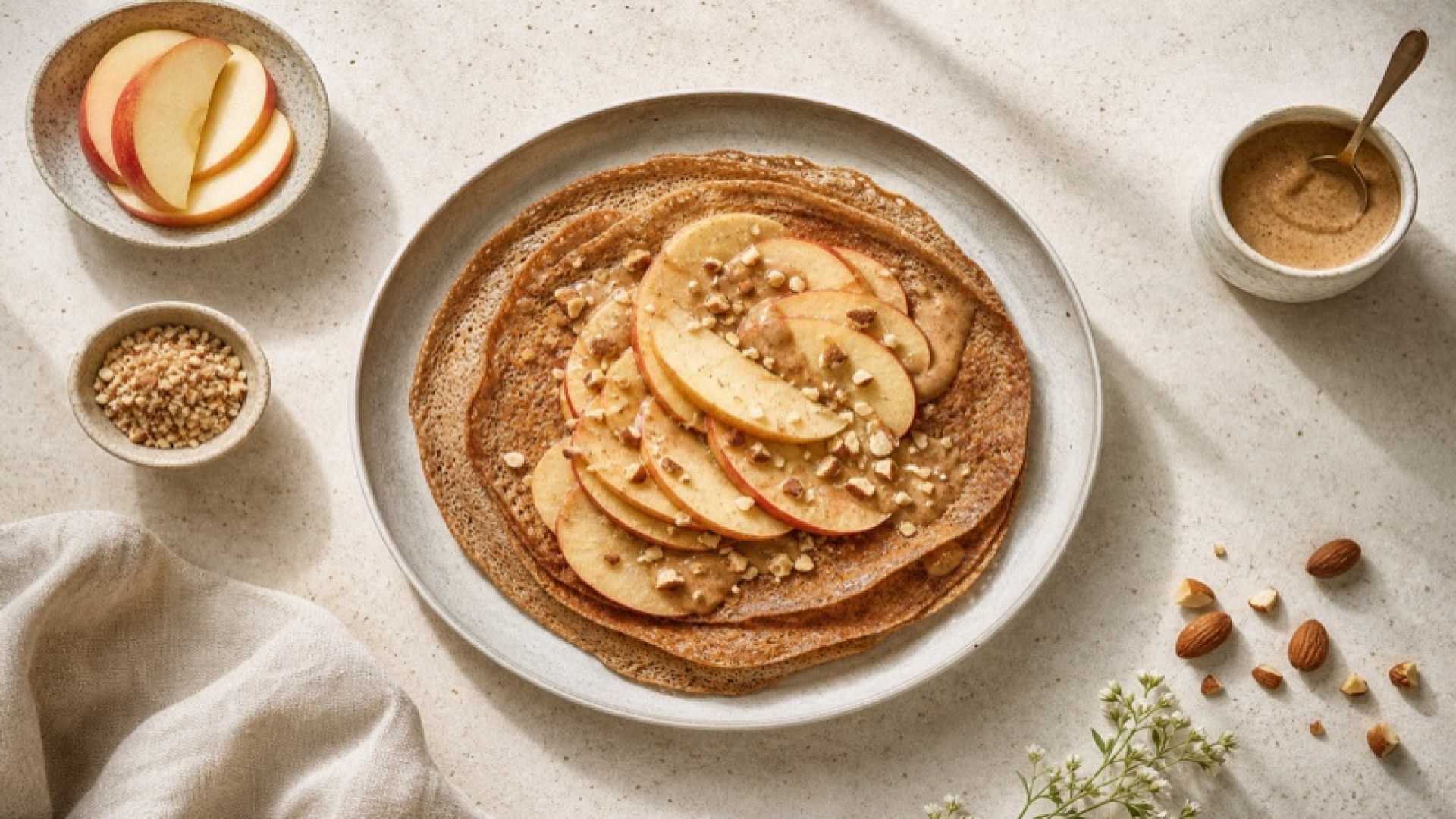 Buchweizen-Pfannkuchen mit Apfel und Mandelbutter