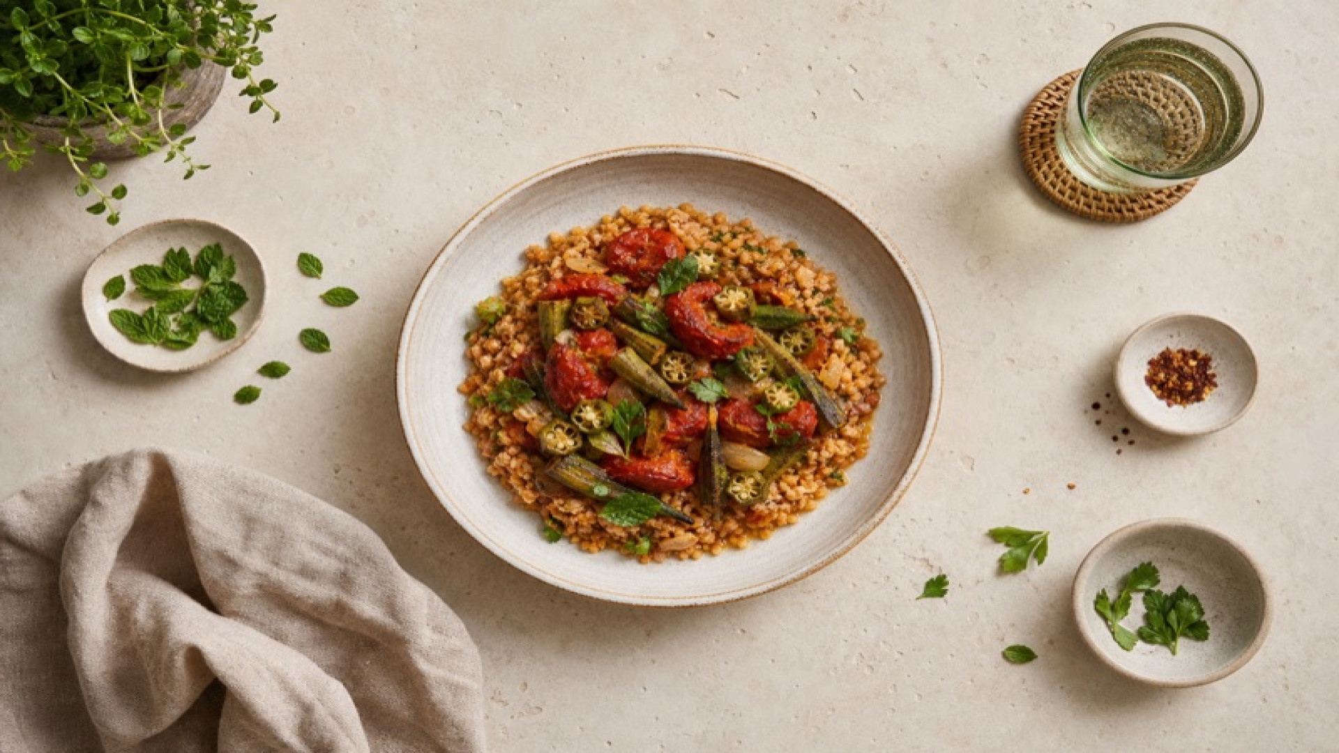 Bulgur-Topf mit Okra und geschmorten Tomaten