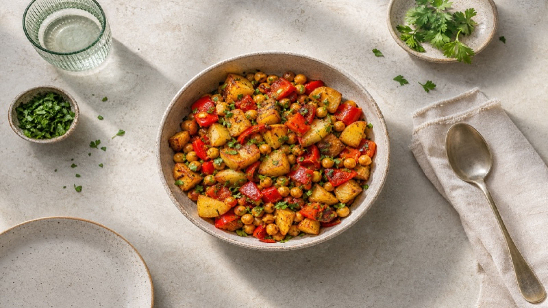 Bunte Kartoffel-Paprika-Pfanne mit Kichererbsen