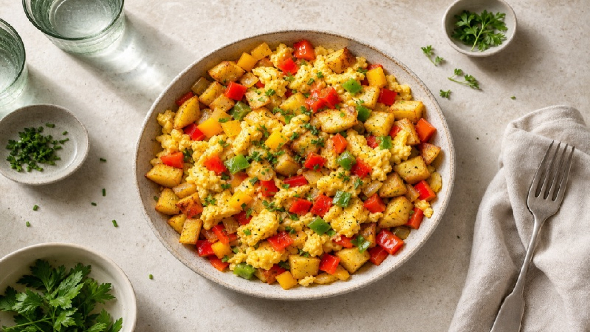 Bunte Kartoffel-Paprika-Pfanne mit Rührei