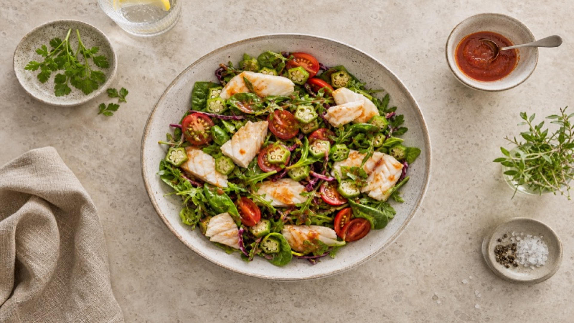 Bunter Alaska-Seelachs-Salat mit Okra und Tomatenmark-Vinaigrette