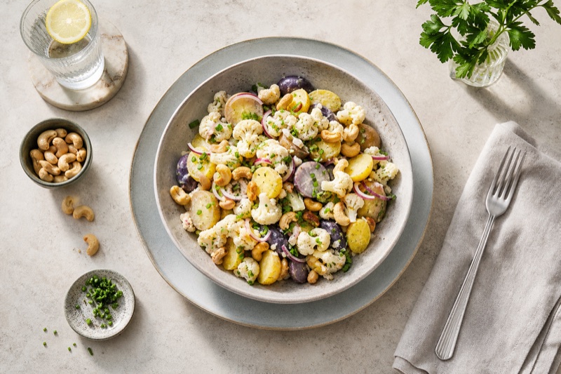 Bunter Kartoffelsalat mit Blumenkohl und Cashewkernen