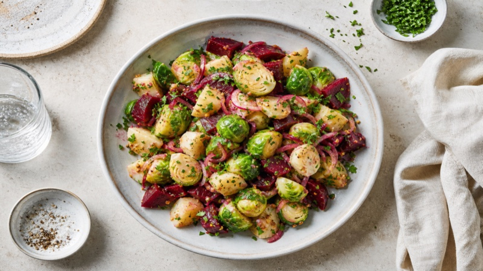 Bunter Kartoffelsalat mit gedünstetem Rosenkohl und Roten Rüben