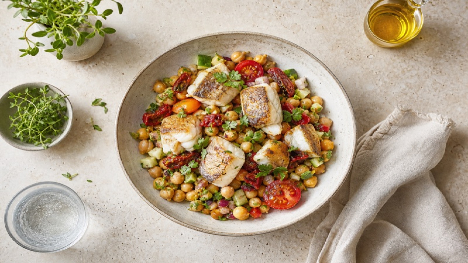 Bunter Kichererbsen-Salat mit Zander und getrockneten Tomaten