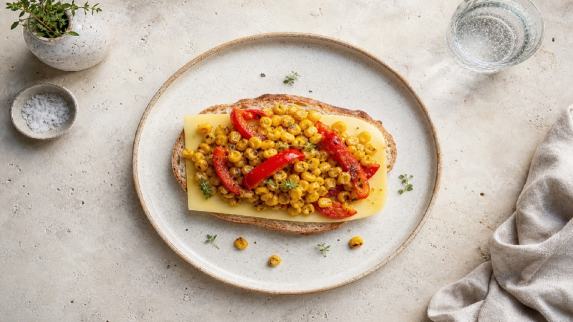Butterkäse-Stulle mit gebratenem Zuckermais und Paprika