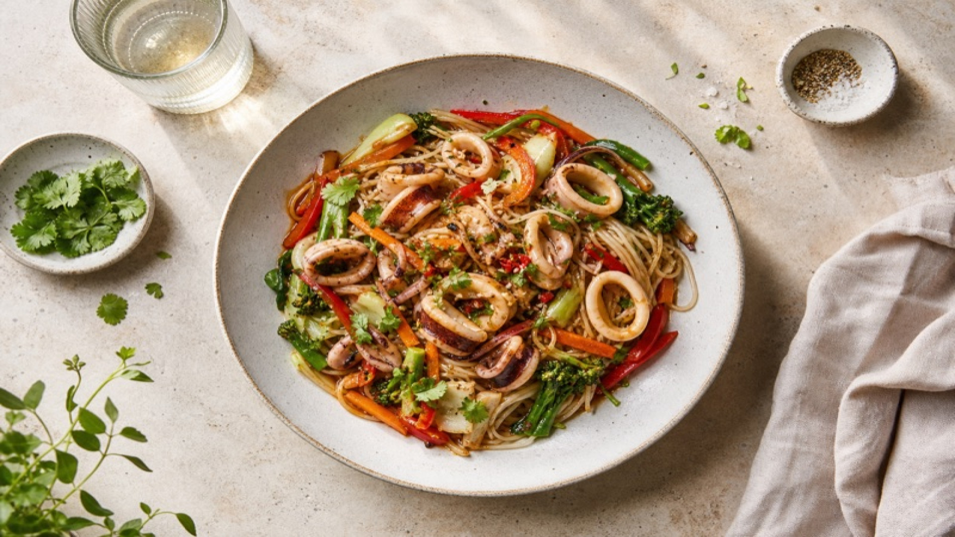 Calamari-Pfanne mit asiatischem Gemüse und Reisnudeln