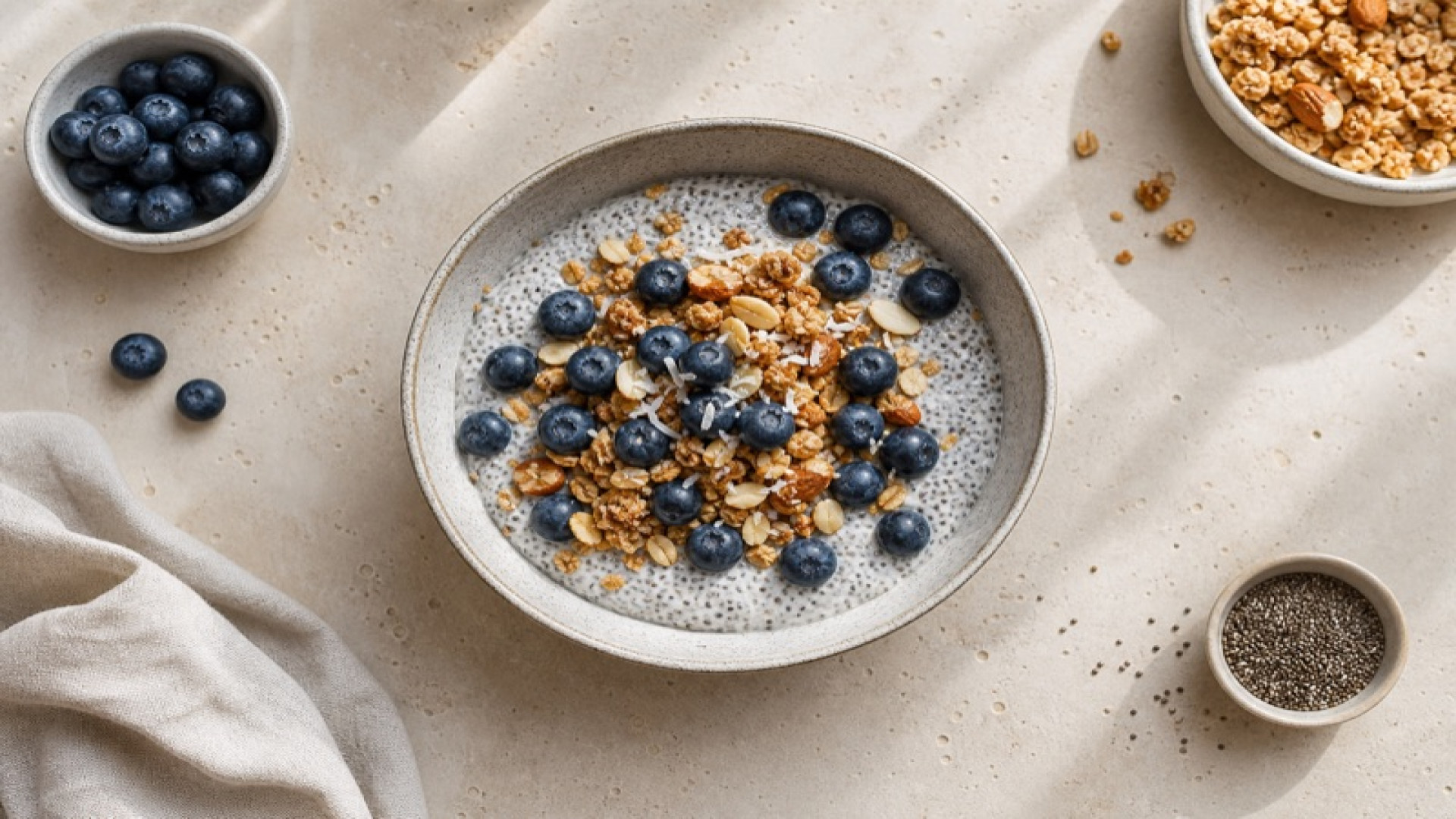 Chia Pudding mit Granola und Blaubeeren