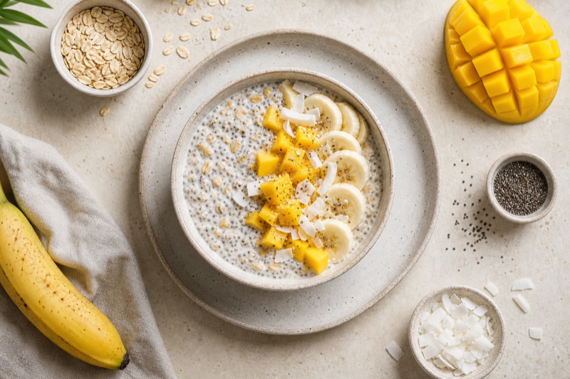 Chia-Pudding mit Mango, Kokos und Bananen