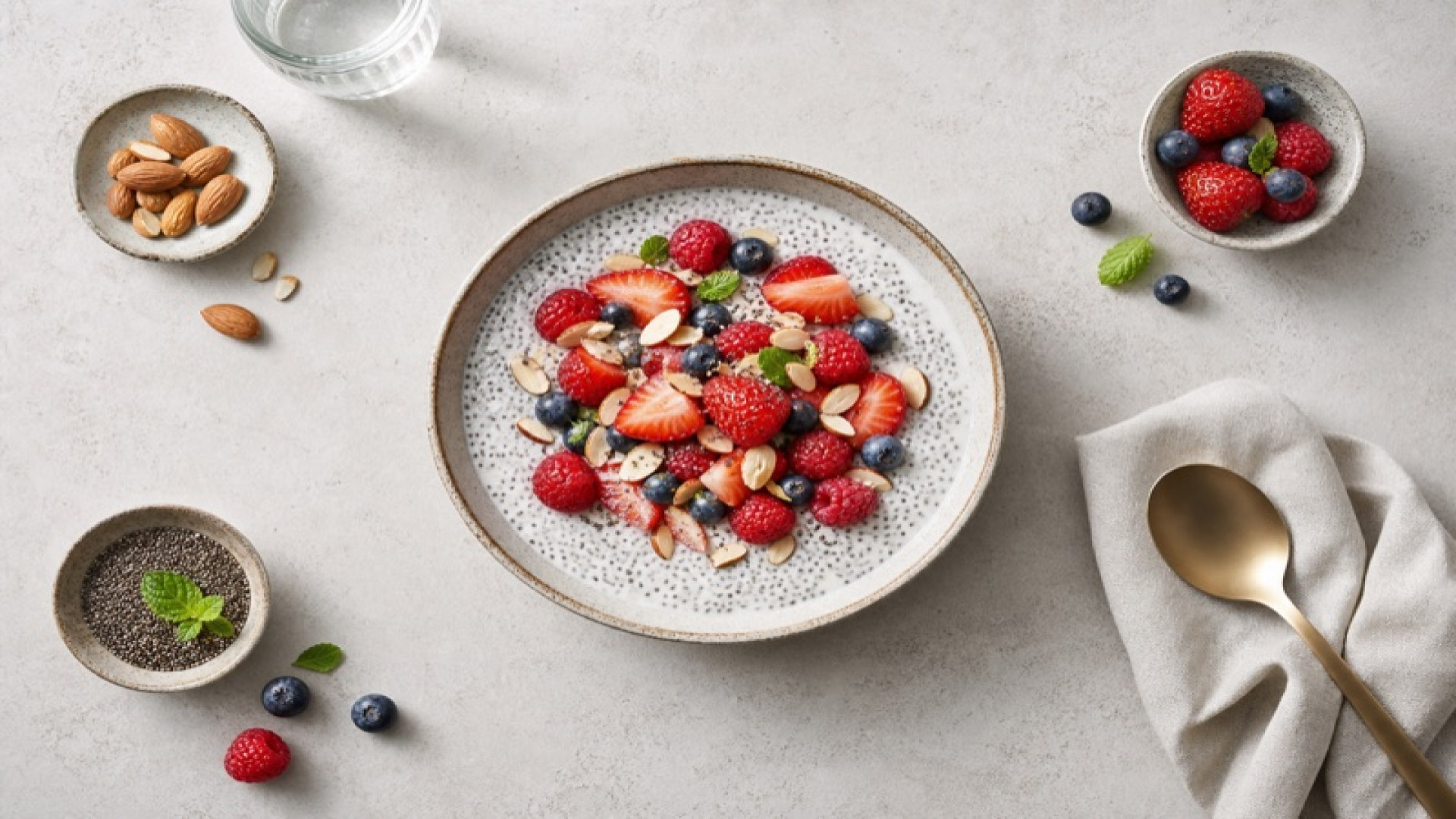 Chiasamen-Kokoscreme mit Beeren und Mandeln