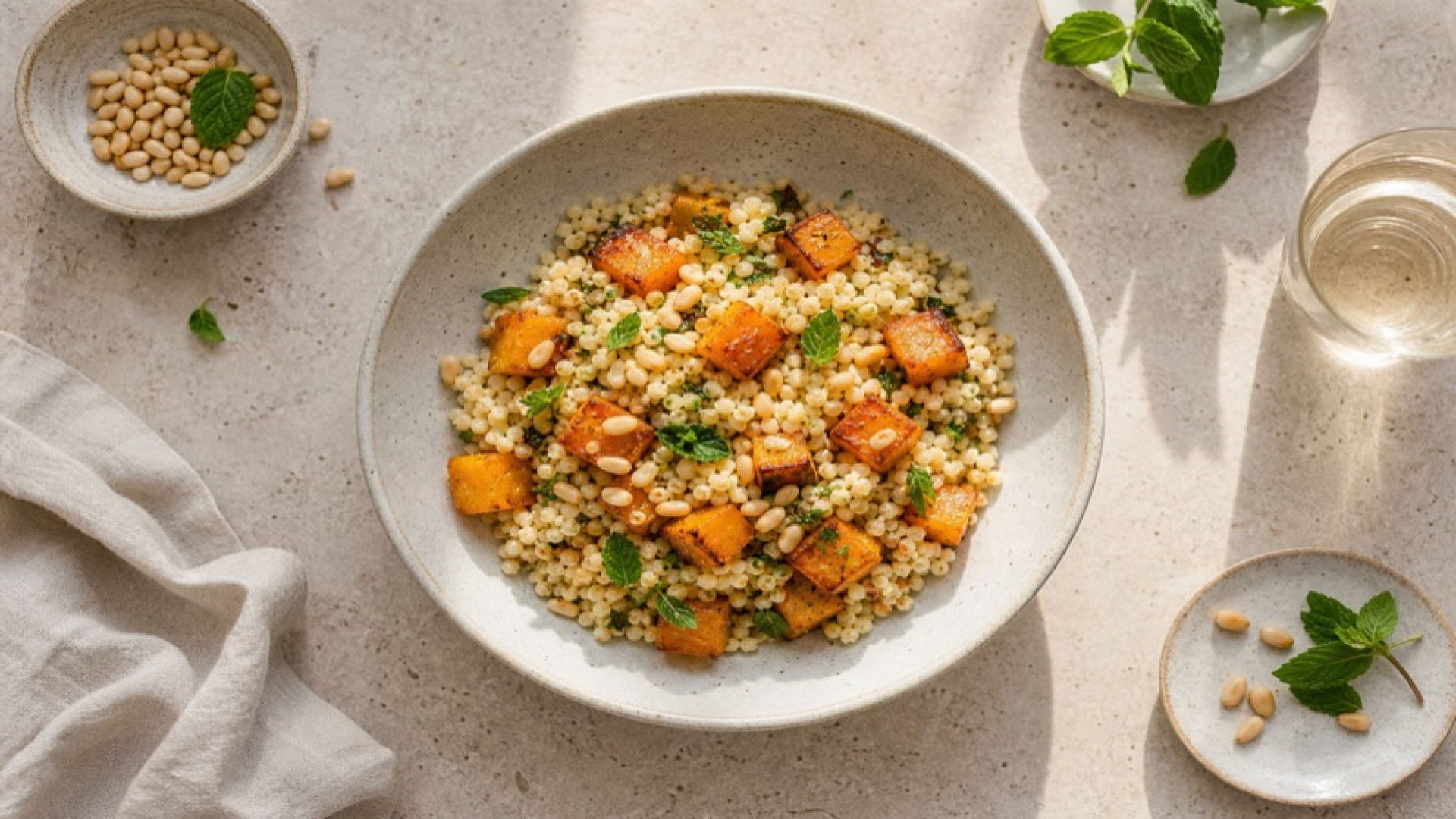 Couscous-Bowl mit geröstetem Butternut und Pinienkernen