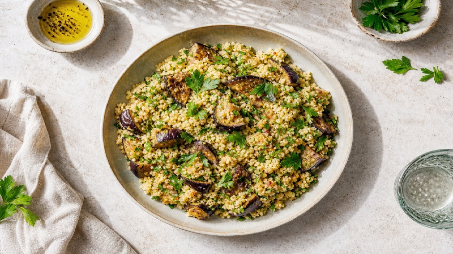 Couscous mit Aubergine und Petersilie (vegan)
