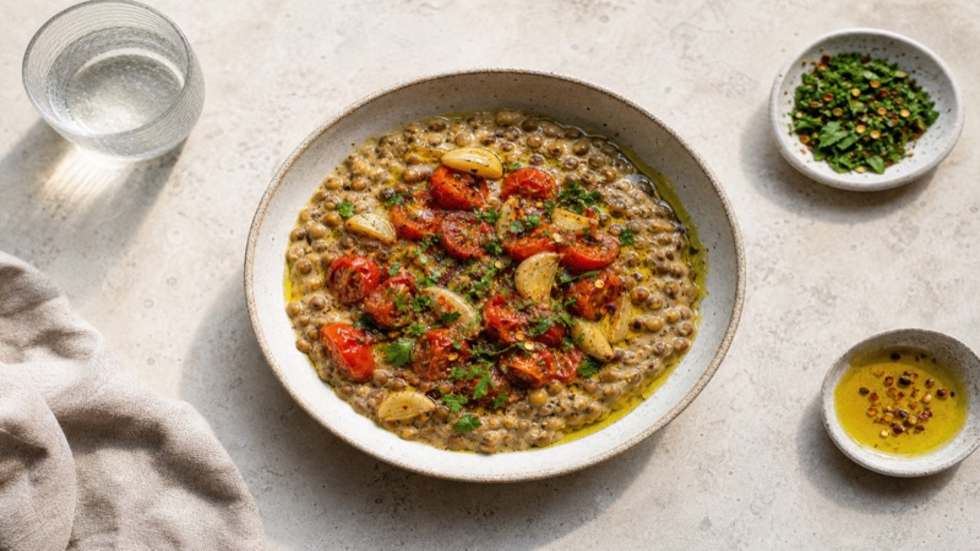 Cremige Berglinsen-Bowl mit Tomate und Knoblauch-Olivenöl