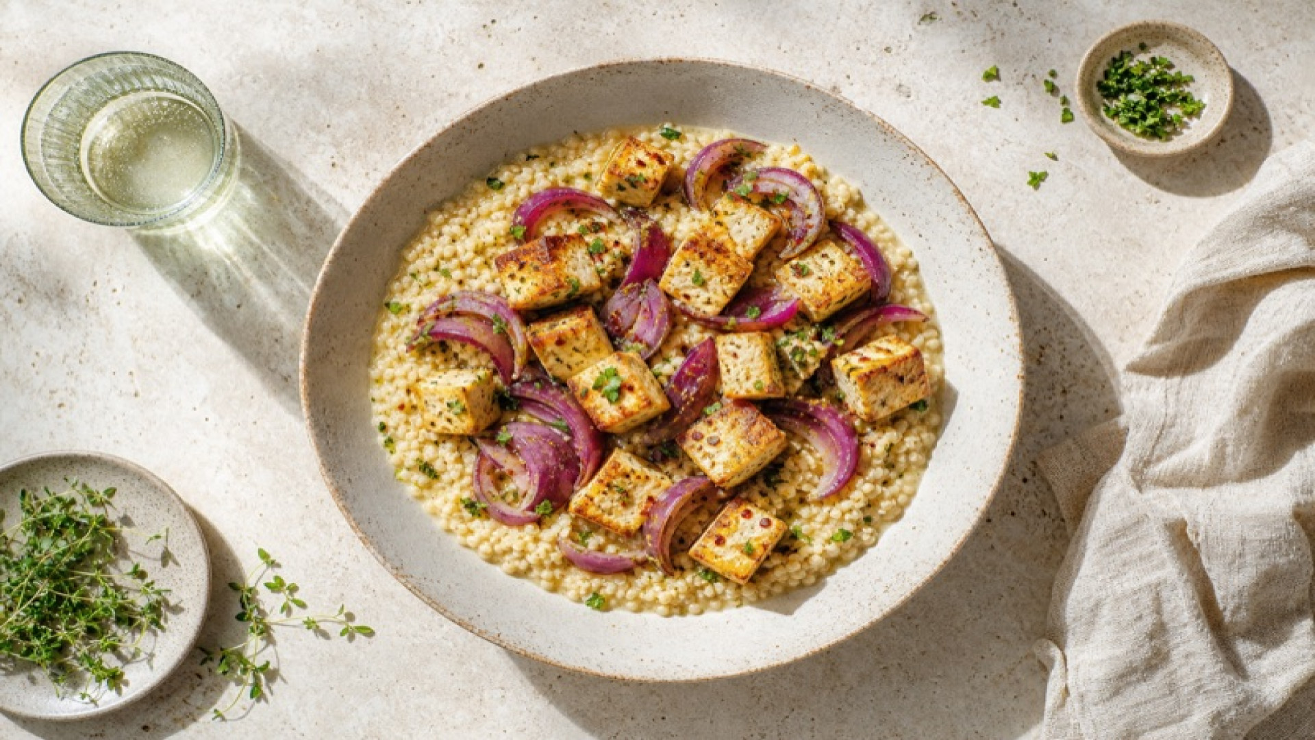 Cremige Couscous-Bowl mit Tofu und Roten Zwiebeln