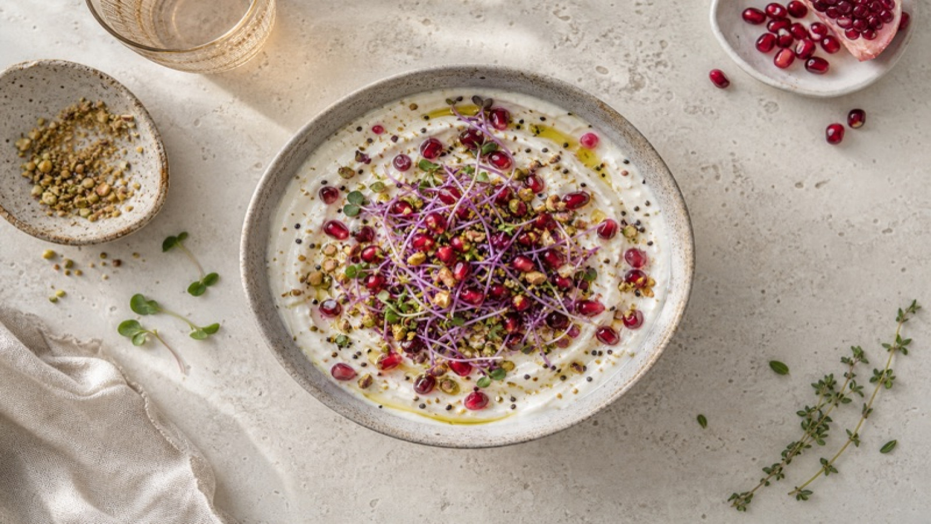 Cremige Frischkäse-Bowl mit Granatapfel und Rotkohlsprossen