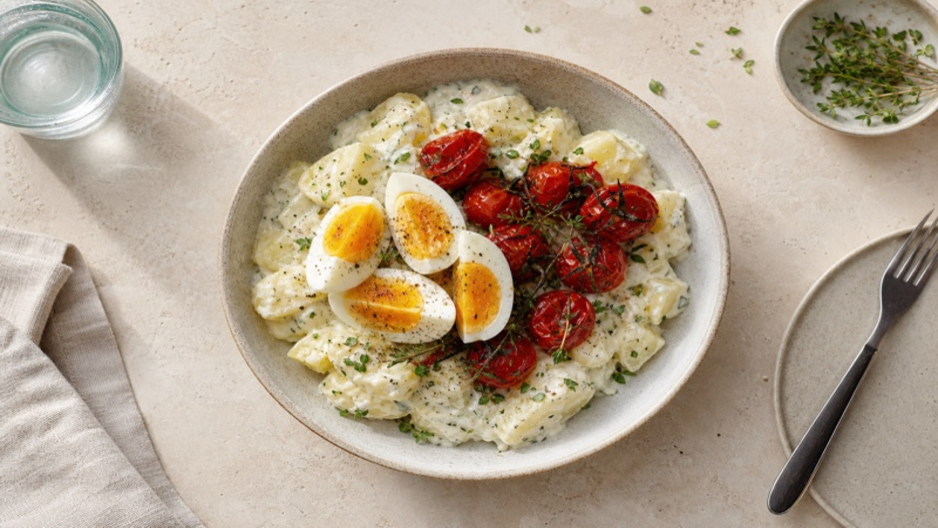 Cremige Kartoffel-Bowl mit Gekochtem Ei und geschmorten Tomaten