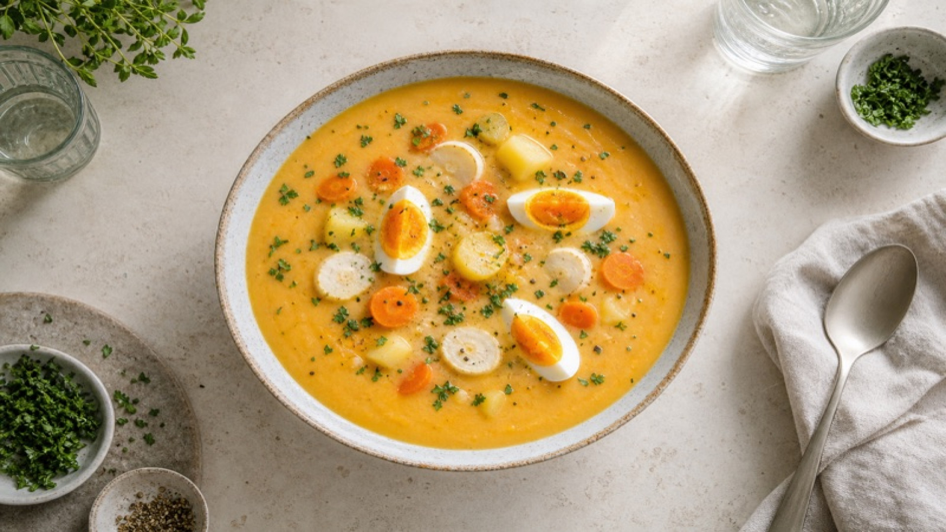 Cremige Kartoffel-Möhren-Suppe mit Ei und Petersilienwurzel
