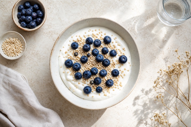 Cremige Magerquark-Bowl mit Heidelbeeren und gepufftem Quinoa