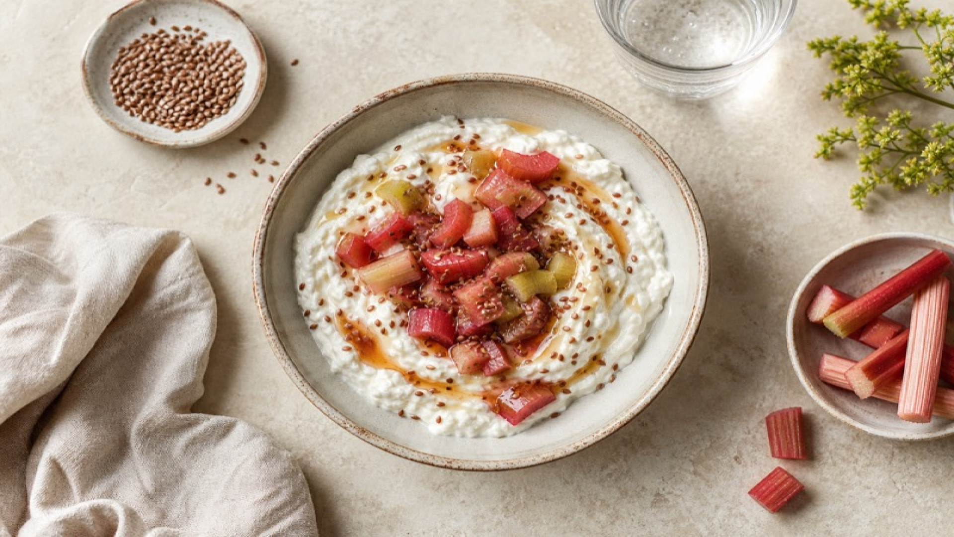 Cremige Quark-Bowl mit Rhabarber und Leinsamen