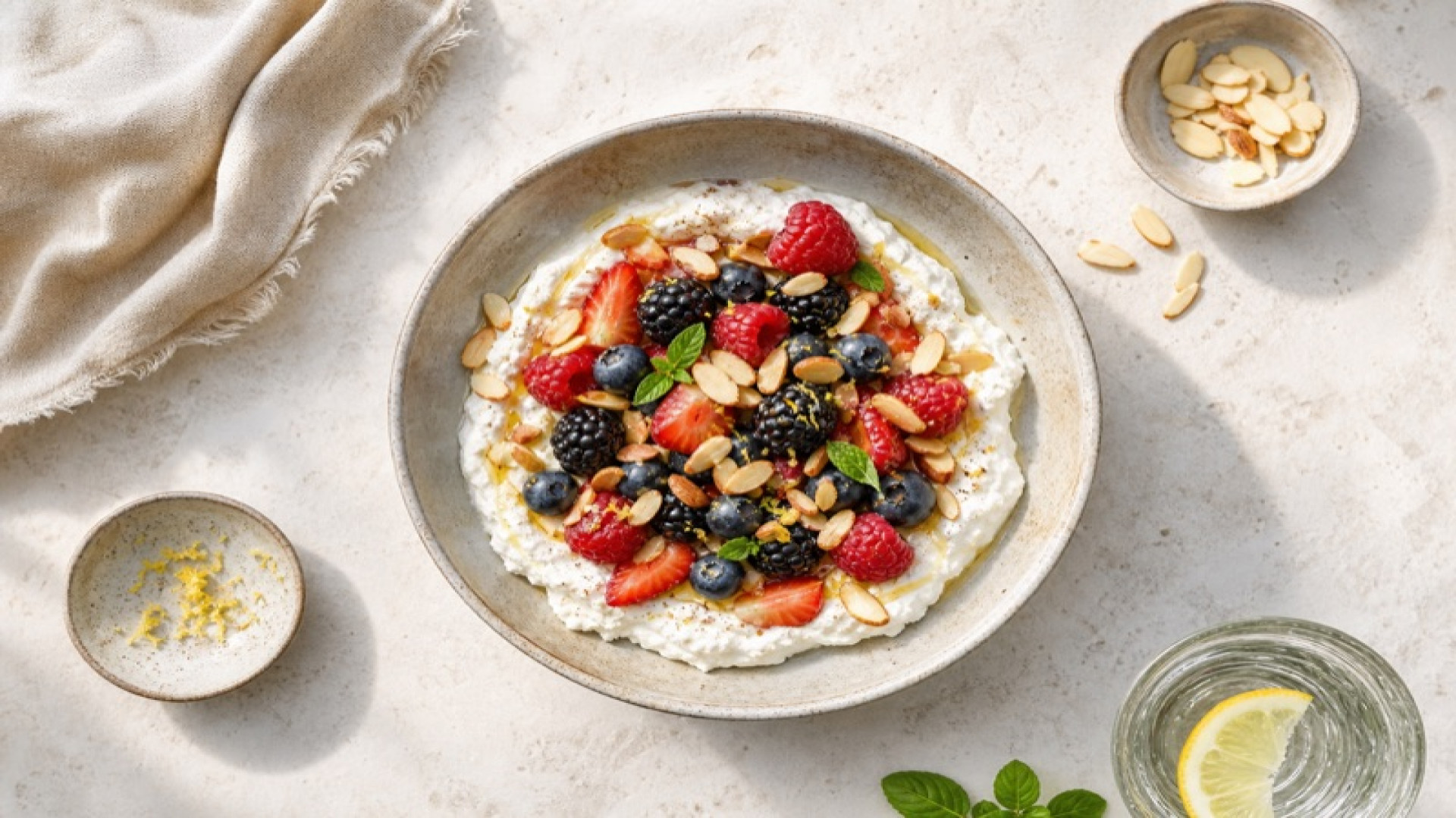 Cremige Ricotta-Bowl mit Beerenmischung und gerösteten Mandeln