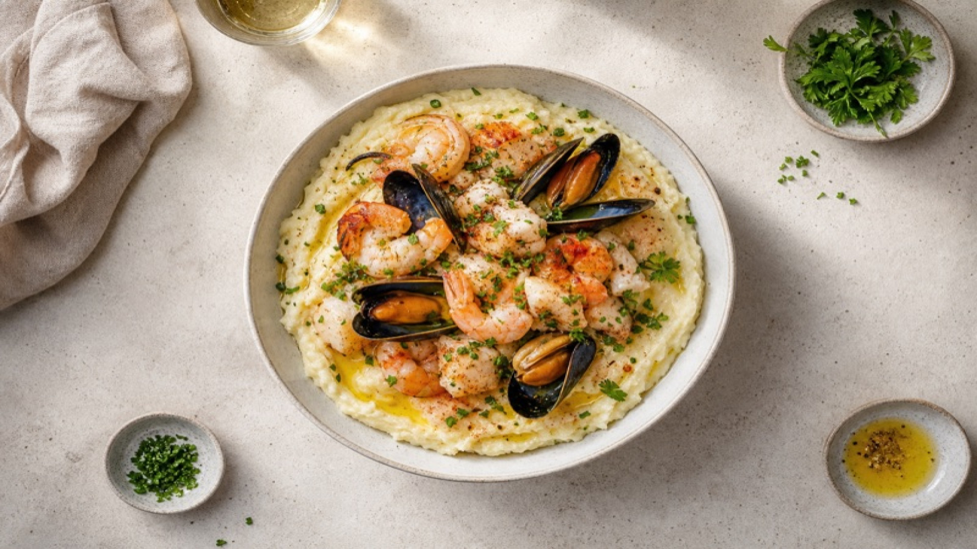Cremige Ricotta-Kartoffelstampf-Bowl mit Meeresfrüchten