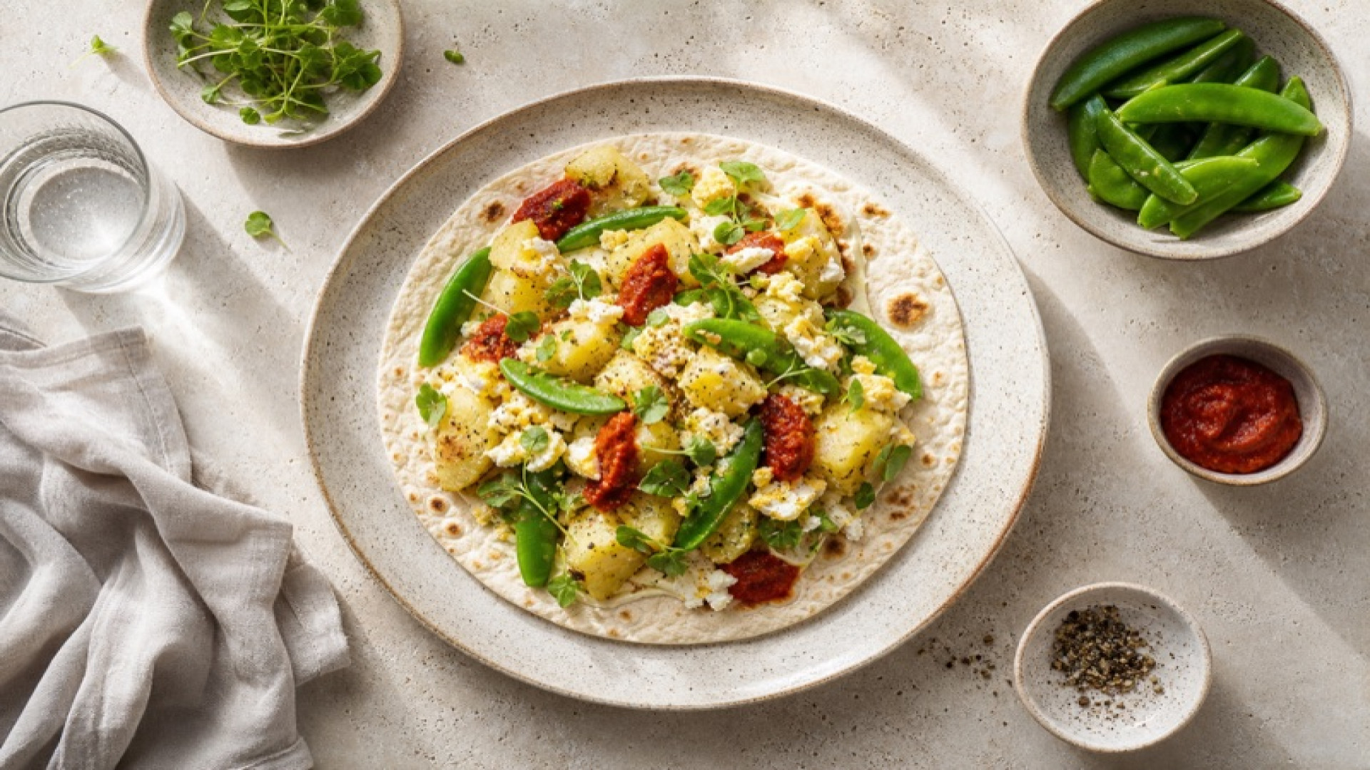 Cremiger Kartoffel-Ei-Wrap mit Zuckererbsen und Tomatenmark