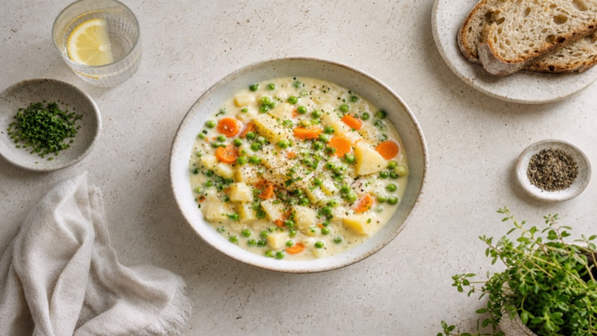 Cremiger Kartoffel-Erbsen-Eintopf mit Karotten und Frischkäse