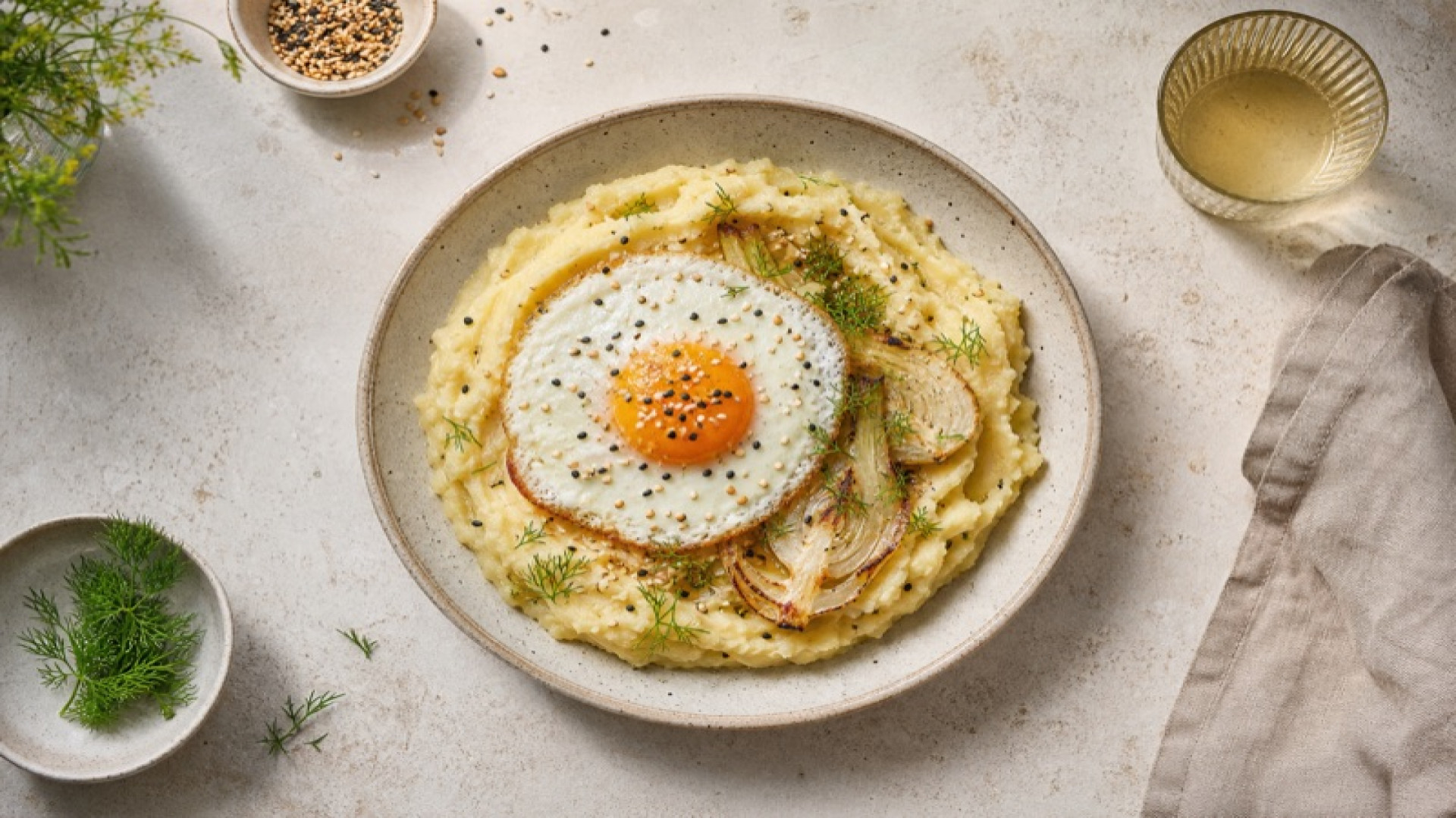 Cremiger Kartoffel-Fenchel-Stampf mit Spiegelei und Sesam