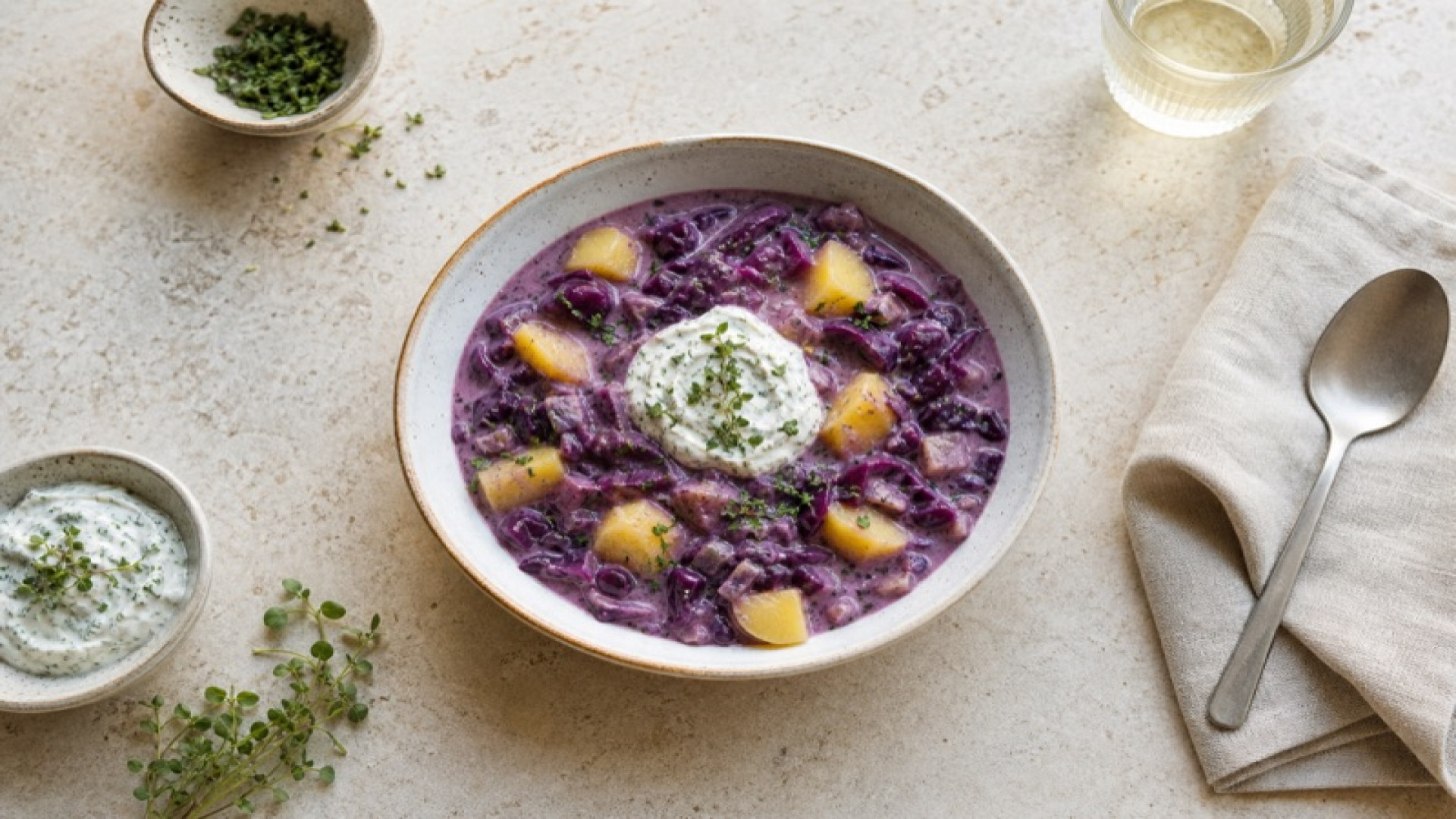 Cremiger Kartoffel-Rotkohl-Eintopf mit Kräuterquark
