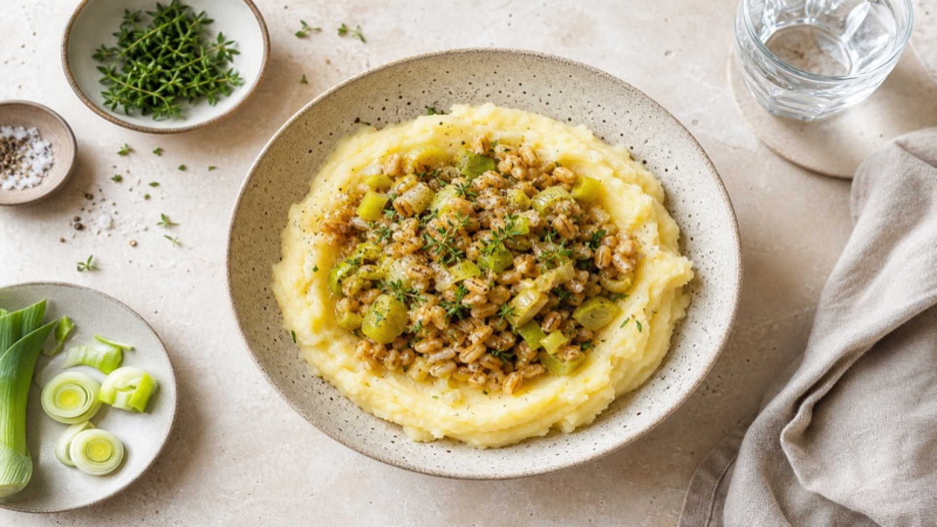 Cremiger Kartoffelstampf-Bowl mit Grünkern und Lauch