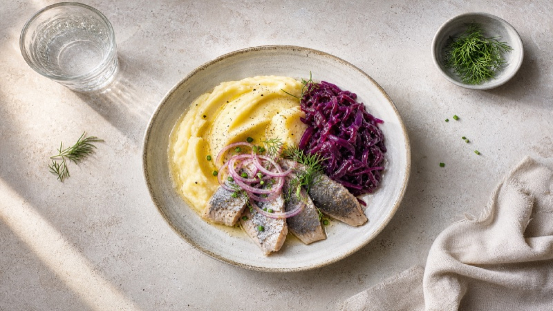 Cremiger Kartoffelstampf mit Hering und Rotkohl