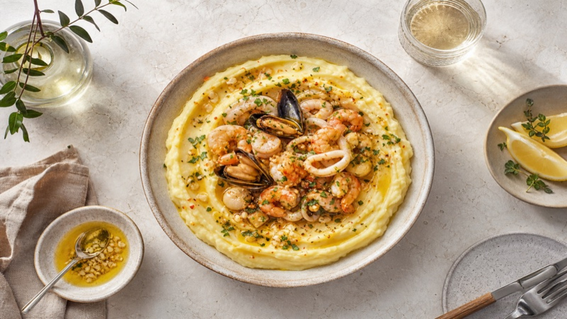Cremiger Kartoffel-Stampf mit Meeresfrüchten und Knoblauch-Öl