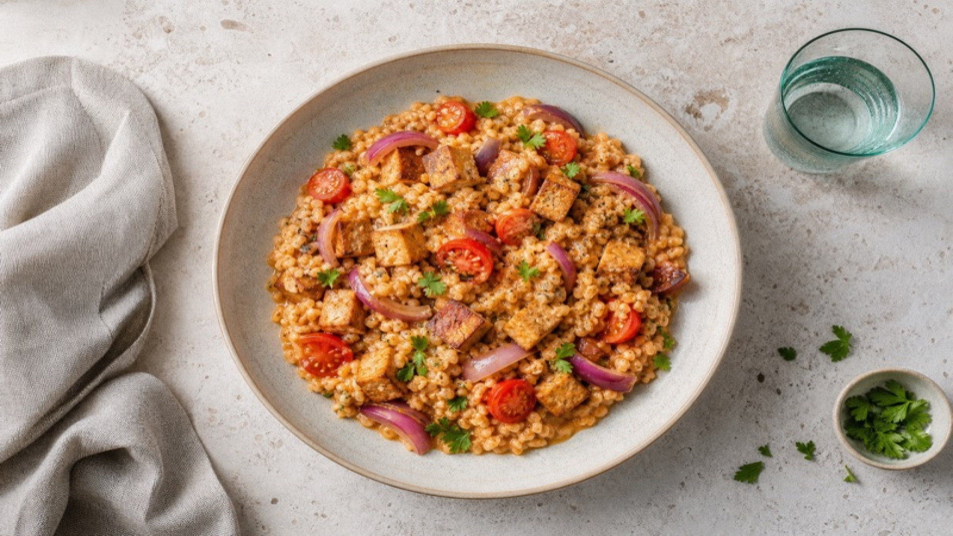 Cremiger Räuchertofu-Bulgur mit Cocktailtomaten und Roten Zwiebeln