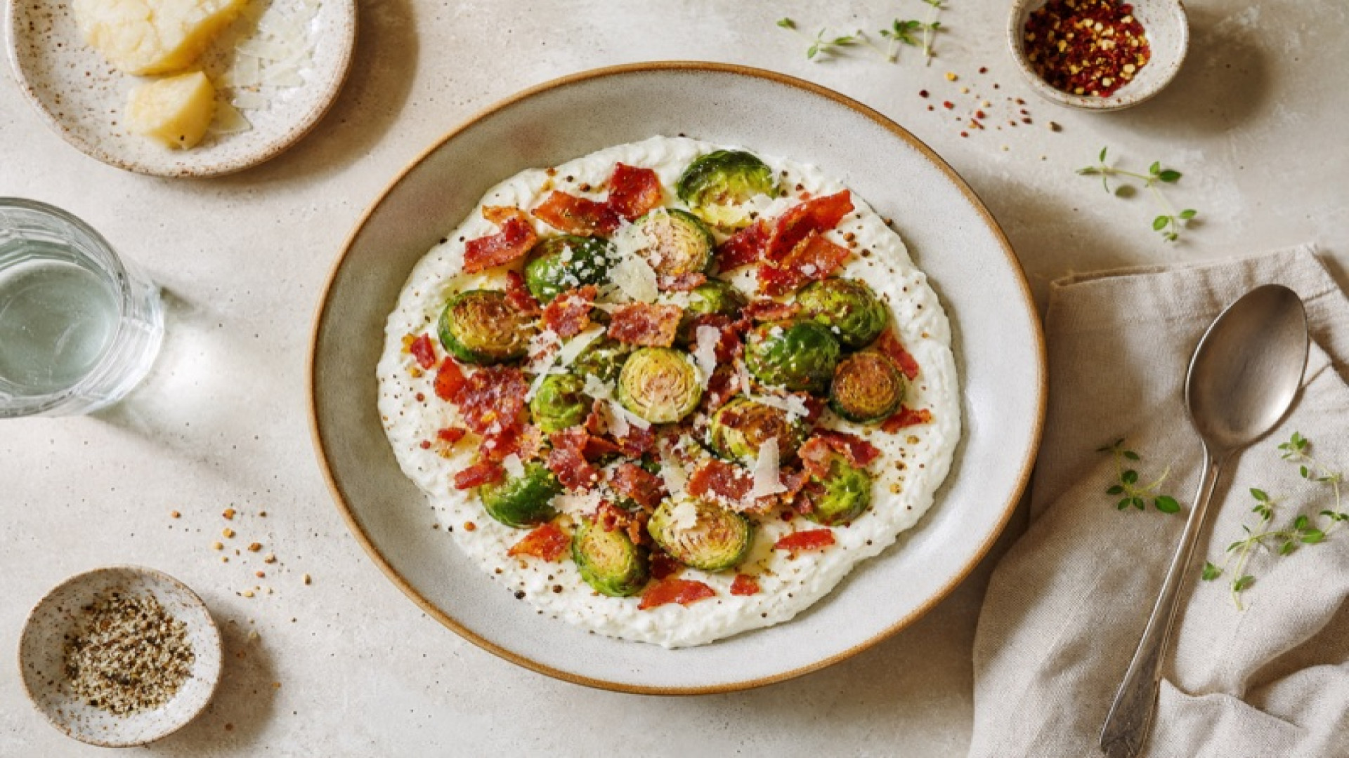 Cremiger Skyr-Bowl mit Rosenkohl und Parmaschinken-Crunch