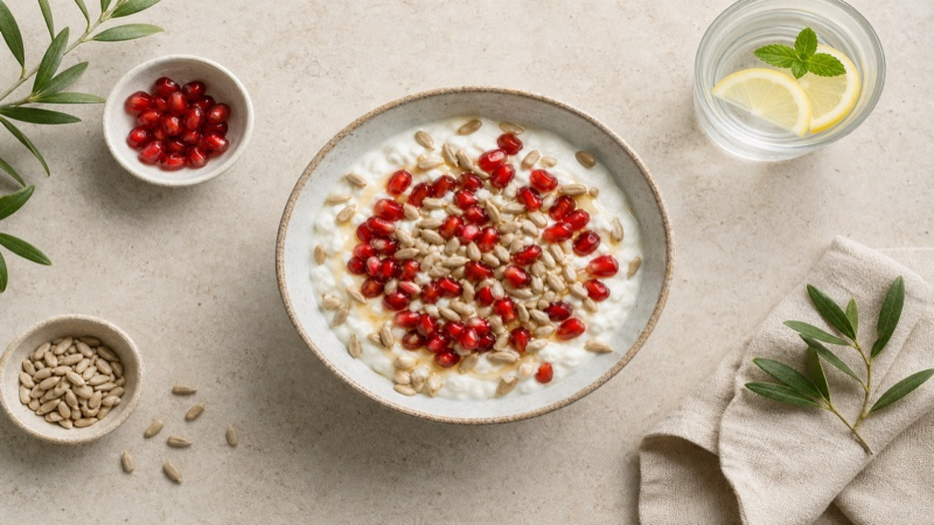 Cremiger Speisequark mit Granatapfel und Sonnenblumenkernen