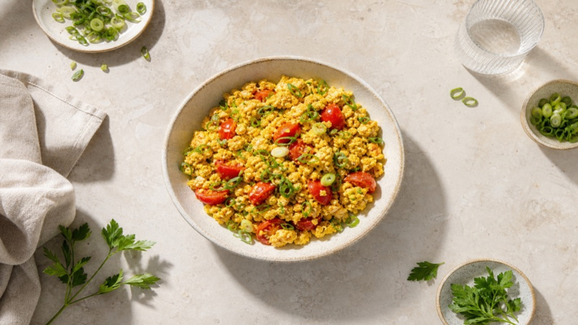 Cremiger Tofu-Scramble mit Tomaten und Frühlingszwiebeln