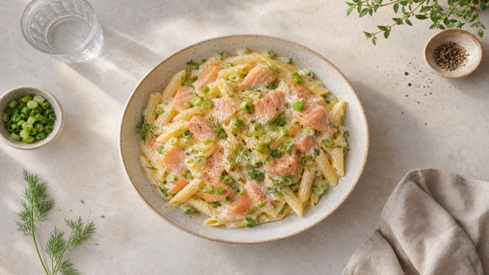 Cremige Räucherlachs-Pasta mit Frischkäse und Frühlingszwiebeln